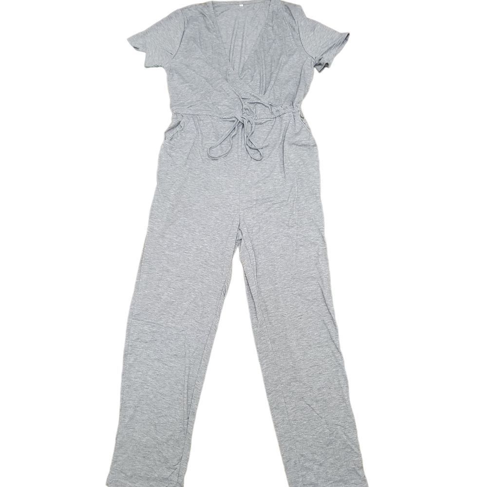 Relipop Short Sleeve Wrap Jumpsuit Elastic Waist with Pockets Solid Gray